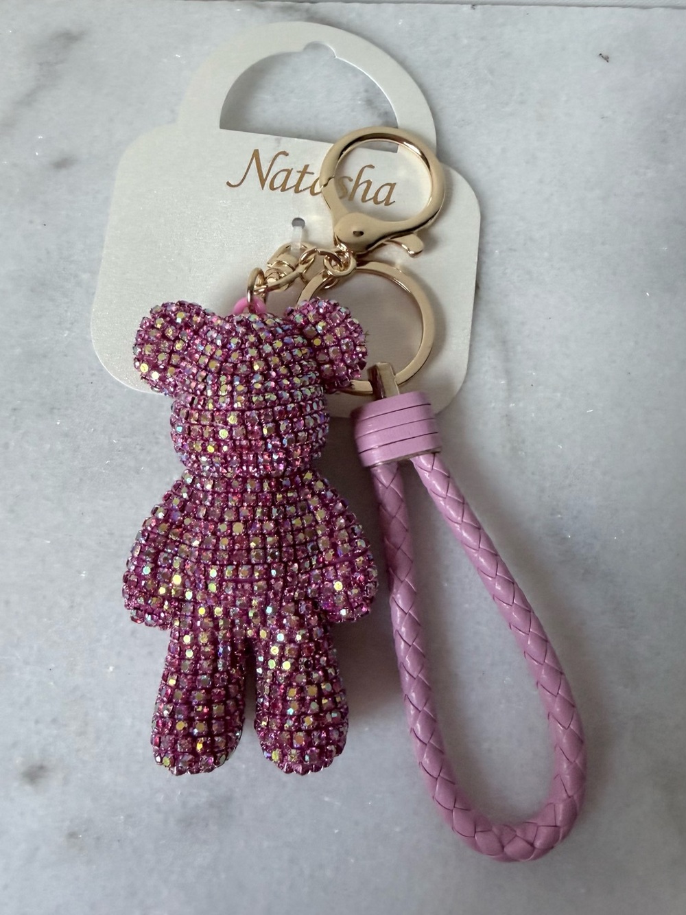 Natasha Couture Pink Crystal Teddy Keyring with Braided Loop handbag charm - Picture 3 of 7